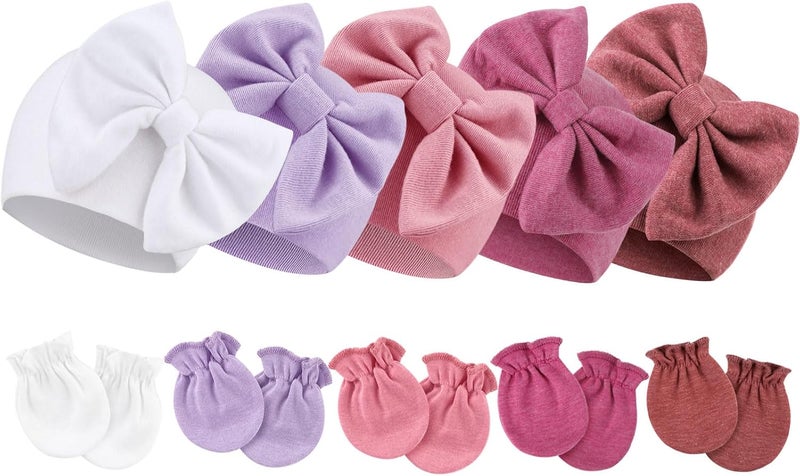 DRESHOW BQUBO Newborn Baby Girls Hats Mittens Set Hospital Hat Beanie Infant Bow Hats Baby Cotton Gloves for 0-6 Months - Image 1